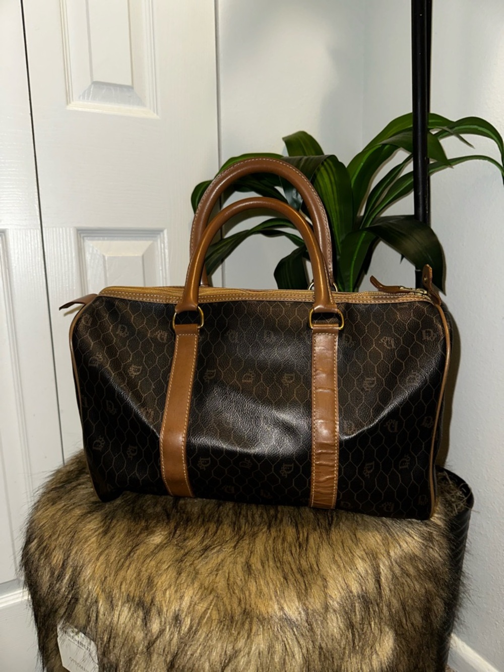 Dior Brown Monogram Travel Satchel with Tan Leather Accents - Picture 2 of 5